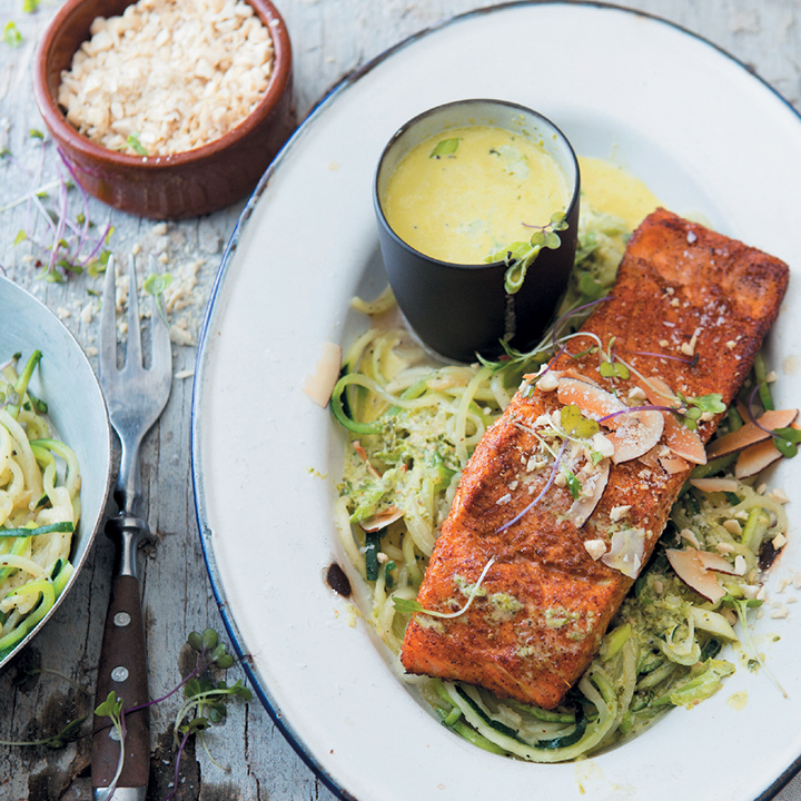 Curried trout on baby marrow noodles with coconut and coriander cream