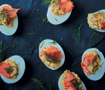 Stuffed boiled eggs with rooibos-infused trout
