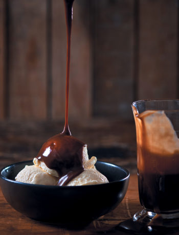 The ultimate vanilla ice cream with Bar-One brandy-laced chocolate sauce