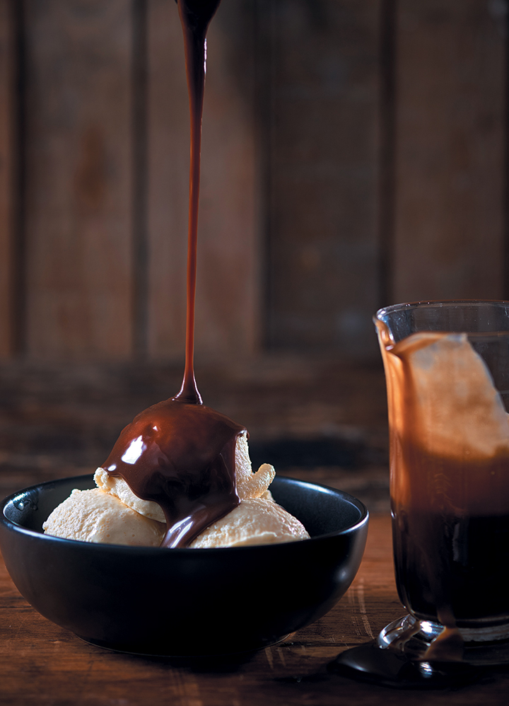 The ultimate vanilla ice cream with Bar-One brandy-laced chocolate sauce