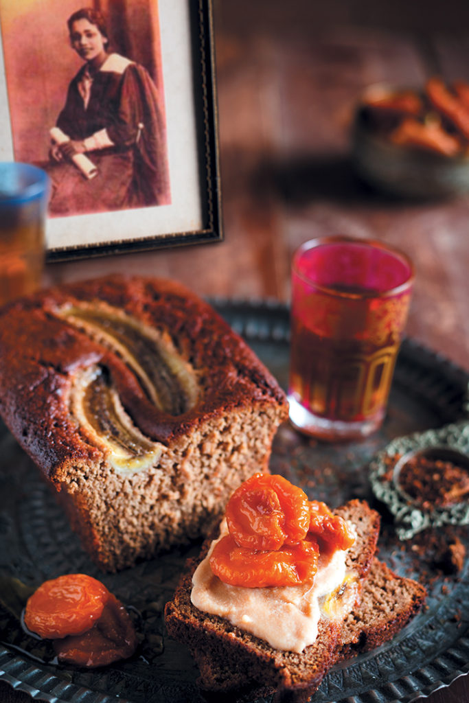Gluten-free chai banana bread with toasted coconut butter and stewed dried fruit
