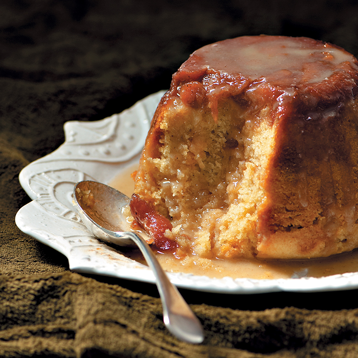 Steamed apple and almond pudding with marzipan and cider sauce