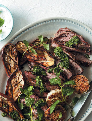 Butterflied leg of lamb with roasted aubergine and mint pesto