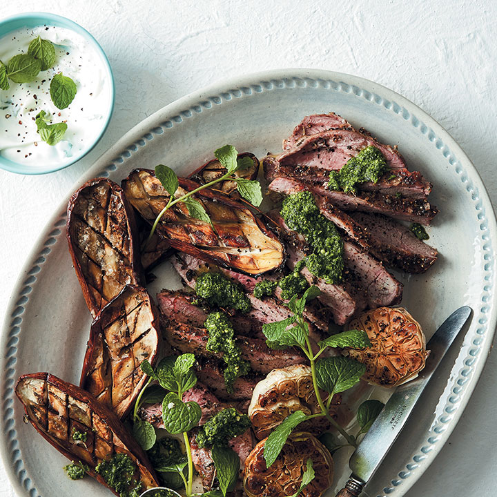 Butterflied leg of lamb with roasted aubergine and mint pesto