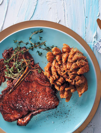 Sweet and sticky T-bone steak with blooming onions