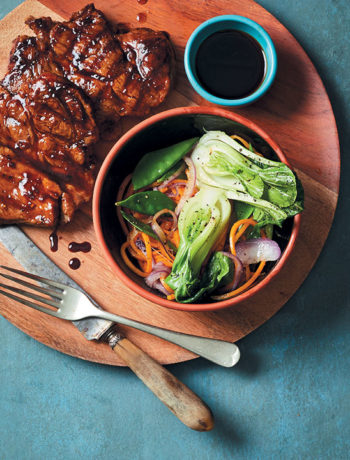 Teriyaki rib-eye pork steaks with stir-fried vegetables