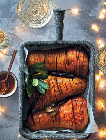 Hasselback butternuts with bay leaves, cinnamon and sage