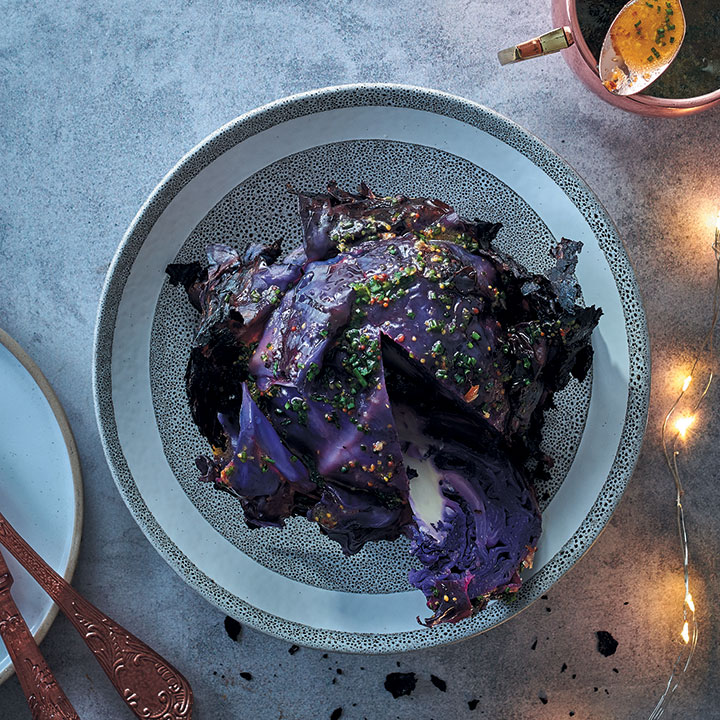 Charcoal-smoked cabbage with maple-mustard vinaigrette