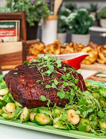 Glazed gammon with Brussels sprouts, red wine gravy and apple slaw