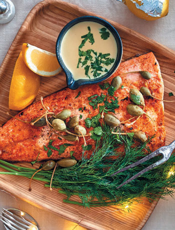 Grilled fish side with lemony white wine cream and caperberries
