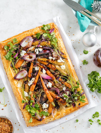 Roasted carrot and red onion tart with goat’s cheese and a red wine vinegar glaze