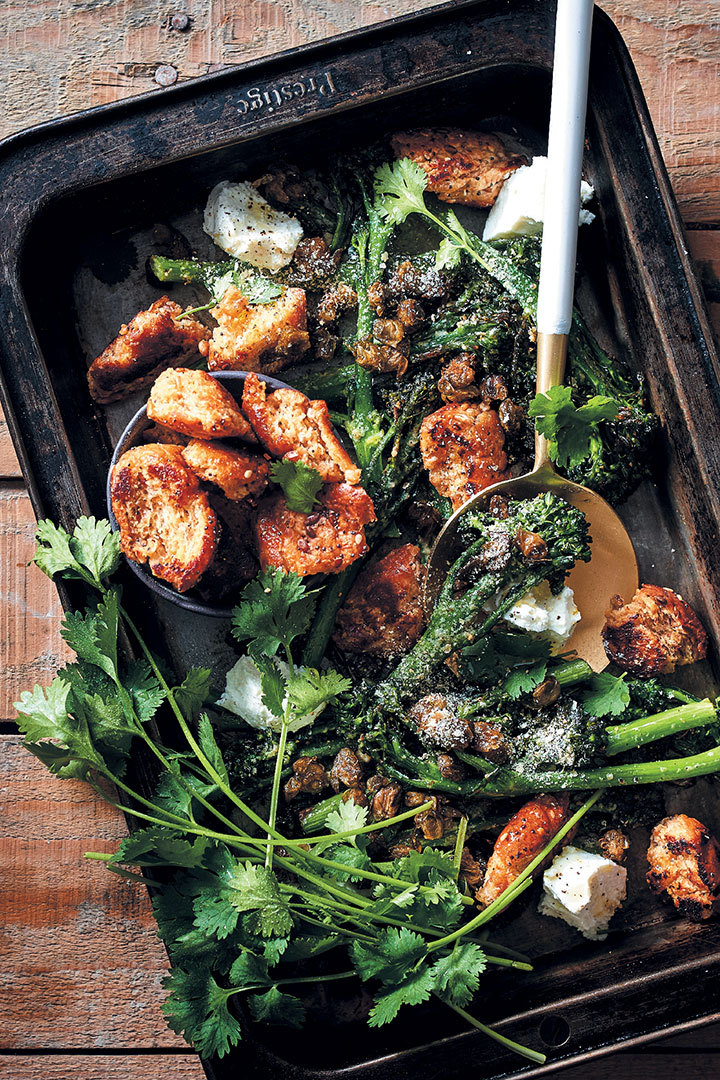 Broccolini with crispy fried capers, rustic croutons and goat's cheese