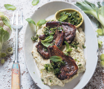 Lamb chops with creamy leek and cauliflower purée, and mint gremolata