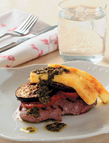 Beef fillet, aubergine, tomato and haloumi stack