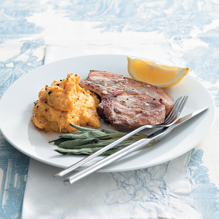 Pork chops with sage and butternut mash
