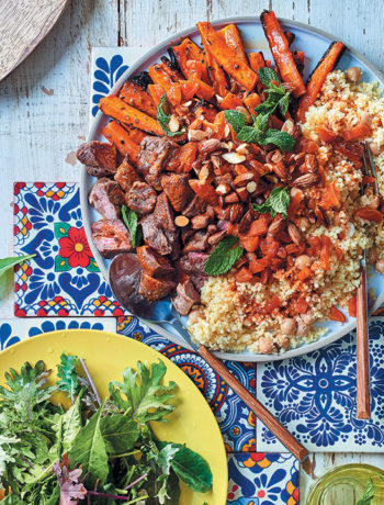 Moroccan harvest platter with spice-roasted carrots, lamb and millet