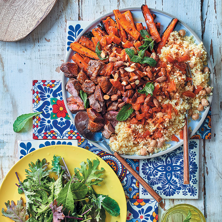 Moroccan harvest platter with spice-roasted carrots, lamb and millet