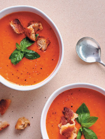 Roasted tomato-and-onion soup with home-made herby croutons