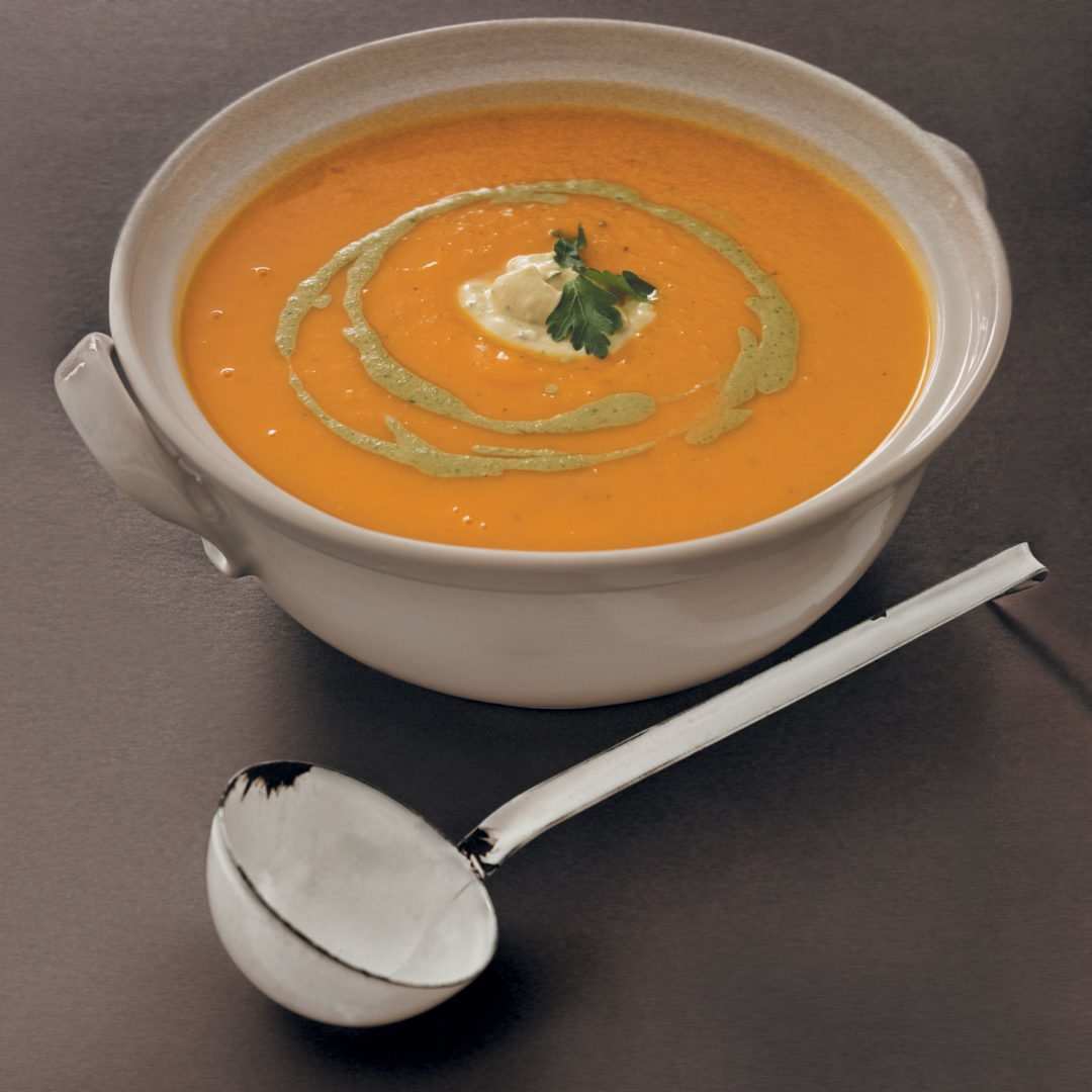 Spiced carrot soup with lemon grass and coriander pesto crème