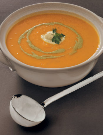 Spiced carrot soup with lemon grass and coriander pesto crème