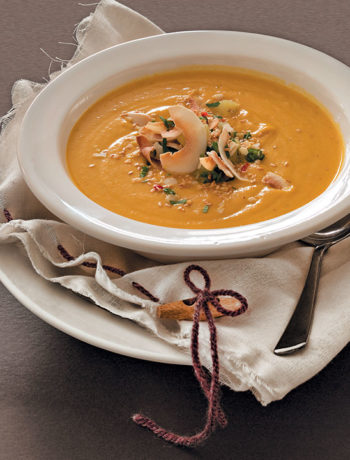 Sweet potato and sesame soup with toasted coconut
