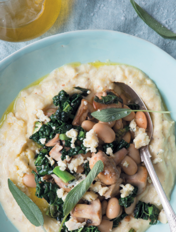 Creamy blue cheese polenta with sautéed kale, butterbeans and mushrooms
