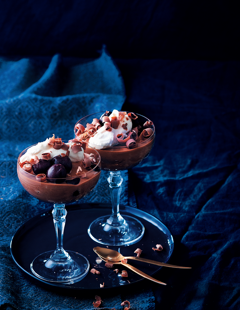 Double chocolate tiramisùs with brandy-soaked cherries