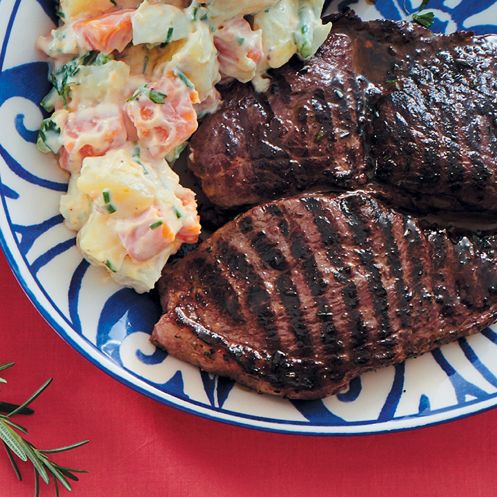 Rump steak with creamy potato and sweet-potato salad