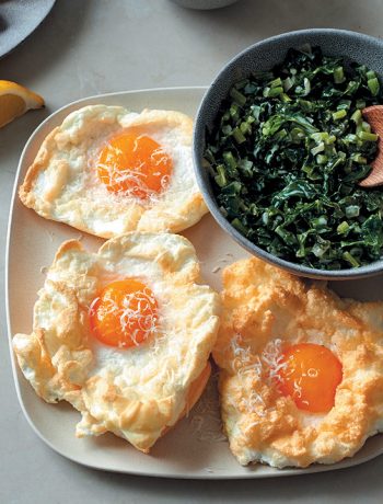 Egg clouds with coconut creamed kale and gluten-free mustard toast