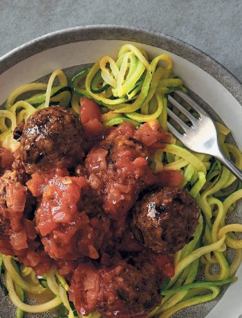 Aubergine meatballs in tomato sauce with baby marrow noodles
