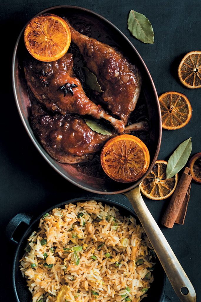 Duck legs in plum sauce with egg-fried rice