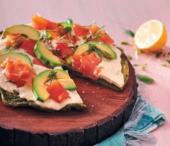 Herby frittata pizza with avocado and smoked trout ribbons