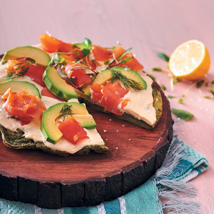 Herby frittata pizza with avocado and smoked trout ribbons
