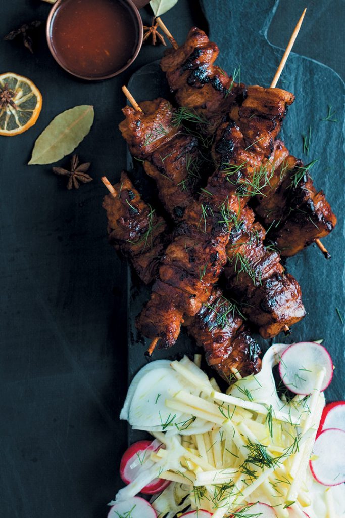 Pork-belly kebabs with fennel slaw