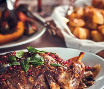 Roast leg of lamb with mint and pomegranate rubies