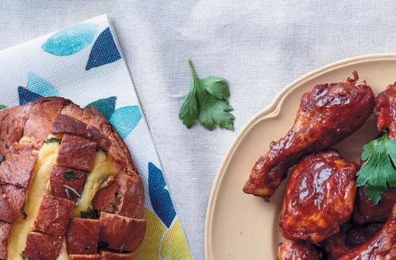 Barbecue chicken with cheesy pull-apart garlic bread