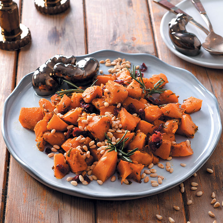 Roasted pumpkin, rosemary, cranberry and pine-nut salad
