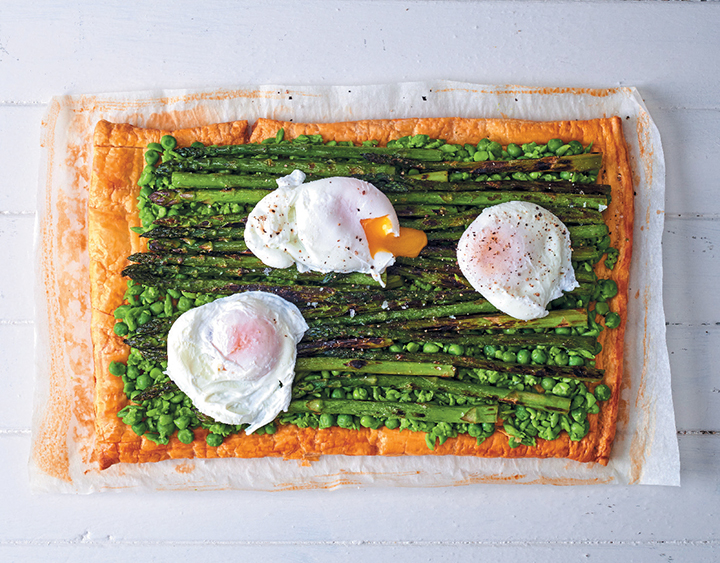 Asparagus-and-pea tart with poached eggs