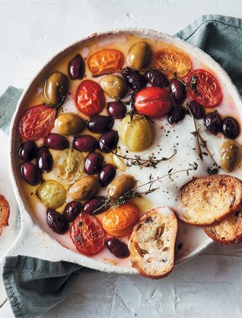 Baked vegan feta with white wine and olives