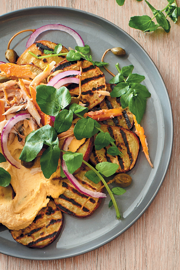 Chargrilled sweet potato salad with hummus and smoked snoek