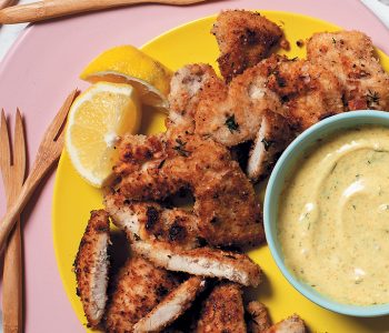 Coconut-and-cashew chicken strips with curry mayo