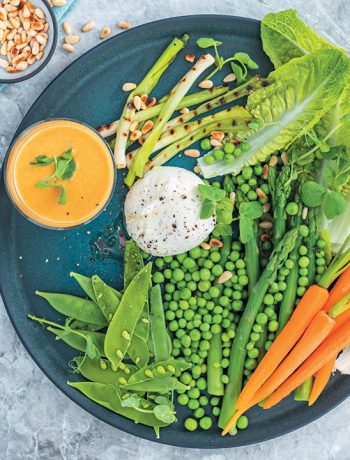 Pea salad with burrata, pine nuts, asparagus and a carrot and cumin dressing