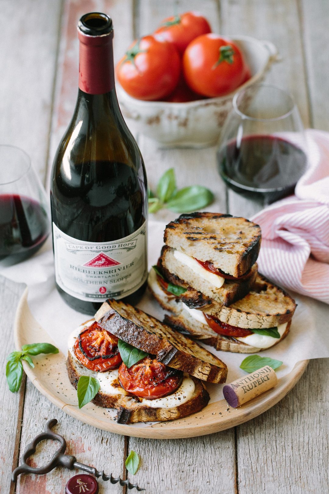 Balsamic-roasted tomato braaibroodjies with fior di latte and basil paired with Cape of Good Hope Riebeeksrivier Southern Slopes