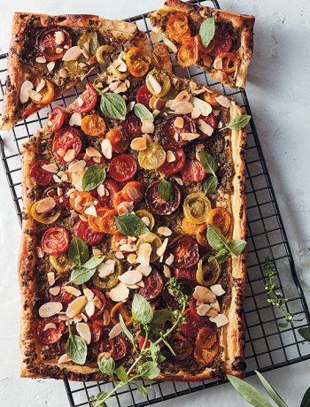Tomato and green olive tapenade tart