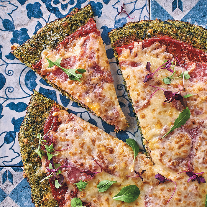 Broccoli and spinach-base pizza