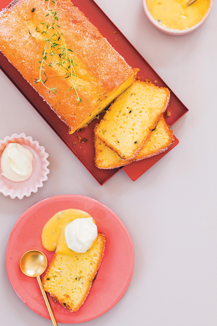 Granadilla, lemon and thyme loaf cake
