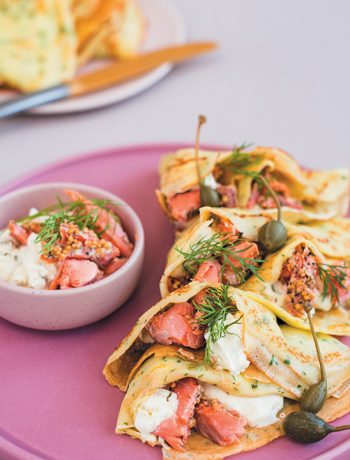 Herby crêpes with ricotta, feta and hot-smoked trout