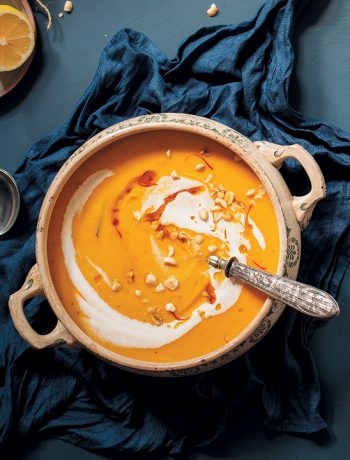 Roasted butternut and clementine soup with lemony saffron oil