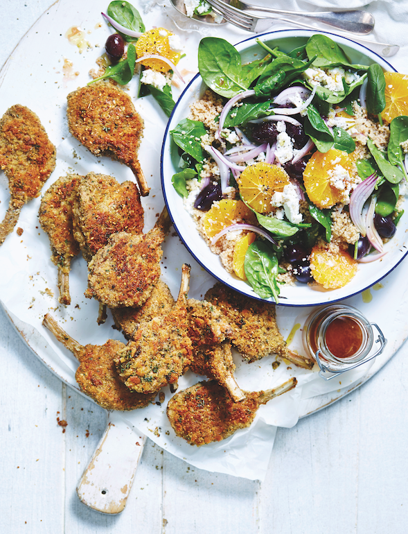 Crumbed lamb cutlets with orange and couscous salad