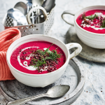 Beetroot & coconut soup with crisp ginger lentils